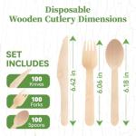 ECOLipak 300 Count Disposable Wooden Cutlery Set, 100 Knives, Forks and Spoons each, Splinter-Free Compostable Wooden Disposable Utensils for Party, Camping, Traveling, Family Dinners