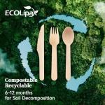 ECOLipak 300 Count Disposable Wooden Cutlery Set, 100 Knives, Forks and Spoons each, Splinter-Free Compostable Wooden Disposable Utensils for Party, Camping, Traveling, Family Dinners