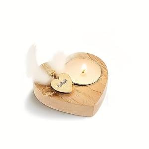 Handmade Heart-Shaped Wooden Candle Holder with White Feather， Natural Soy Wax Candle,Love Charm，Eco-Friendly Romantic Home Decor Gift for Wedding, Anniversary, Valentine's Day