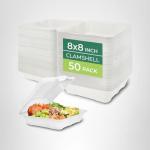 Freshware Compostable Clamshell Food Containers - 8x8" 50-Pack, Biodegradable Sugarcane To Go Boxes, Heavy Duty Paper Containers - Microwave & Freezer Safe, Stackable