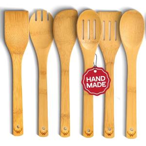 WOODLAND-USA Bamboo Wooden Spoons for Cooking 6 Pcs – Handmade Wooden Utensil Set for Nonstick Cookware – Serving Spoon, Turner, Heat-Resistant – Eco-Friendly, Durable & Lightweight Spatula Set - Gift