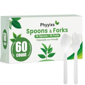 Phyyixs 100% Compostable, Heavy Duty Eco-Friendly Utensils - 60 Pieces (30 Forks + 30 Spoons) - BPA-Free, Durable, Suitable for Indoor/Outdoor Use - Disposable Cutlery Set