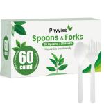 Phyyixs 100% Compostable, Heavy Duty Eco-Friendly Utensils - 60 Pieces (30 Forks + 30 Spoons) - BPA-Free, Durable, Suitable for Indoor/Outdoor Use - Disposable Cutlery Set