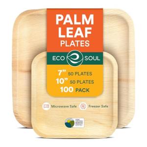 ECO SOUL Compostable 7 & 10 Inch Palm Leaf Square Plates (100 Count) Like Bamboo Plates | Biodegradable | Eco-Friendly, Microwave & Oven Safe - Party Pack