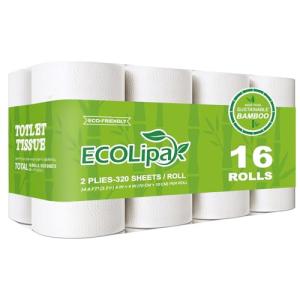 ECOLipak Bamboo Toilet Paper, Septic Safe Toilet Tissue, 16 Double Rolls, 320 Sheets Per Roll, Tree Free, Non Toxic, 2 Ply, Soft and Absorbent, Eco Friendly Dye-Free Paper