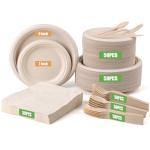 BSDPREF 300Pcs Disposable Paper Plates Set, Compostable Plate Sugarcane Utensils Eco Friendly Dinnerware Kit Includes 50 Biodegradable Plates, Forks, Knives and Spoons