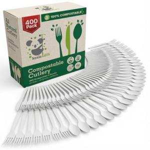 100% Compostable cutlery knives forks spoons Large Disposable Biodegradable Compostable Utensils Durable HeavyDuty Silverware heat resistant alternative to plastic with convenient tray 7inch (400)