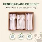 100% Compostable cutlery knives forks spoons Large Disposable Biodegradable Compostable Utensils Durable HeavyDuty Silverware heat resistant alternative to plastic with convenient tray 7inch (400)