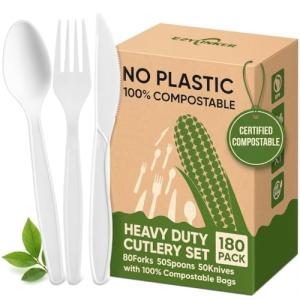 180Pcs Reusable Utensils Cornstarch Made - Heavy Duty Compostable Forks 80, Compostable Spoons 80, & 50 Knives Set - 100% Disposable Eco Friendly Flatware for Party, Wedding, BBQ, Camping (180 Pack)