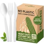 180Pcs Reusable Utensils Cornstarch Made - Heavy Duty Compostable Forks 80, Compostable Spoons 80, & 50 Knives Set - 100% Disposable Eco Friendly Flatware for Party, Wedding, BBQ, Camping (180 Pack)