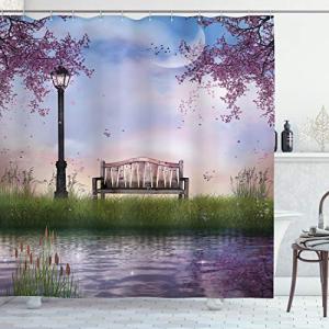 Ambesonne Nature Shower Curtain, Bench on Flowing River with Crescent Moon Lavender Trees and Grass Illustration, Cloth Fabric Bathroom Decor Set with Hooks, 69" W x 75" L, Purple Jade Green