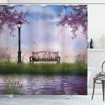 Ambesonne Nature Shower Curtain, Bench on Flowing River with Crescent Moon Lavender Trees and Grass Illustration, Cloth Fabric Bathroom Decor Set with Hooks, 69" W x 75" L, Purple Jade Green