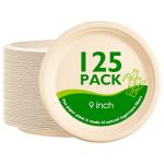 PACKINNO 9 Inch 125 Pack Compostable Paper Plates, Biodegradable Heavy Duty Disposable Plates, Round Unbleached Brown Plates Made from Natural Sugarcane Fibers, for Party, Camping, Picnic