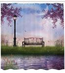 Ambesonne Nature Shower Curtain, Bench on Flowing River with Crescent Moon Lavender Trees and Grass Illustration, Cloth Fabric Bathroom Decor Set with Hooks, 69" W x 75" L, Purple Jade Green