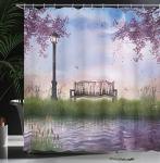 Ambesonne Nature Shower Curtain, Bench on Flowing River with Crescent Moon Lavender Trees and Grass Illustration, Cloth Fabric Bathroom Decor Set with Hooks, 69" W x 75" L, Purple Jade Green