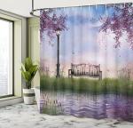 Ambesonne Nature Shower Curtain, Bench on Flowing River with Crescent Moon Lavender Trees and Grass Illustration, Cloth Fabric Bathroom Decor Set with Hooks, 69" W x 75" L, Purple Jade Green