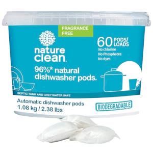 Nature Clean Non Toxic Dishwasher Detergent Pods, Plant-Based Dishwashing Pods, Non-Toxic & Unscented Dish Pods, Tough on Grease, Eco-Friendly Cleaning Power, 60 Count, Pack of 1