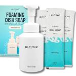 Eco Friendly Foaming Dish Soap Starter Set, Reusable Aluminum Soap Dispenser, 3 Zero Waste, Non Toxic, Concentrated Powder Refills Make 3x12oz (36 oz Total) of Foaming Dish Detergent (Unscented)