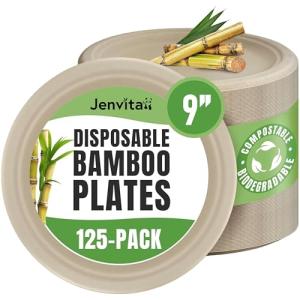 Jenvita Bamboo Paper Plates Compostable (125-Pack, 9-inch) | Sturdy & Microwave Safe | Heavy Duty Brown Disposable Plates | PFAS Free, Biodegradable | FSC Certified Alternative to Plastic