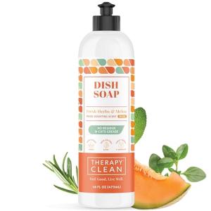 Therapy Clean Plant Based Dish Soap Liquid - Fresh Herbs & Melon fl. 16 oz - Non Toxic Dish Soap Liquid, All Natural Scent, Organic Dishwashing Cleaner and Detergent for Kitchen