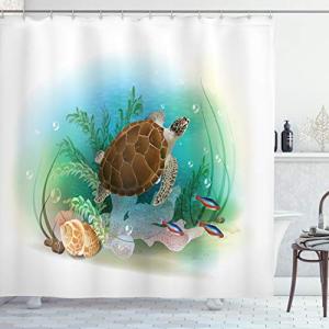Ambesonne Ocean Shower Curtain, Sea Turtle Swims in The Ocean Tropical Underwater World Aquarium Illustration Print, Cloth Fabric Bathroom Decor Set with Hooks, 69" W x 75" L, Chocolate Seafoam White