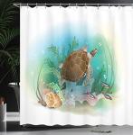 Ambesonne Ocean Shower Curtain, Sea Turtle Swims in The Ocean Tropical Underwater World Aquarium Illustration Print, Cloth Fabric Bathroom Decor Set with Hooks, 69" W x 75" L, Chocolate Seafoam White