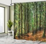 Ambesonne Woodland Shower Curtain, Forest Scene Trees and Pathway Foliage Trunk Greenery Outdoor Picture, Cloth Fabric Bathroom Decor Set with Hooks, 69" W x 70" L, Khaki Green Brown