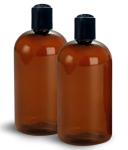 ljdeals 16 oz Amber Plastic Empty Bottles with Black Disc Top Caps, Refillable Containers for Shampoo, Lotions, Cream and More, BPA Free, Pack of 2, Made in USA
