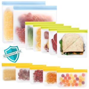 SPLF 12 Pack Dishwasher Safe Reusable Bags, Leakproof Reusable Freezer Bags, BPA Free Food Storage Bags for Lunch, Meal Prep, Marinate, Veggies, Travel - 2 Gallon 5 Sandwich 5 Snack