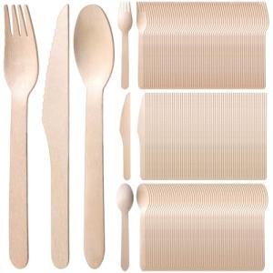 500 Pieces Compostable Cutlery Set, Wooden Utensils Set, 200 Spoons, 200 Forks, 100 Knives, Sturdy Wood Disposable Wooden Cutlery, Eco-Friendly Utensils for Party