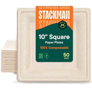 100% Compostable Square Paper Plates [50-Pack] - {PFAS-Free} - {BPI Certified} - [10 Inch] Heavy Duty, Eco-Friendly, Biodegradable Bagasse Dinner Plates - Natural Brown 10" Plate by Stack Man