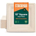 100% Compostable Square Paper Plates [50-Pack] - {PFAS-Free} - {BPI Certified} - [10 Inch] Heavy Duty, Eco-Friendly, Biodegradable Bagasse Dinner Plates - Natural Brown 10" Plate by Stack Man
