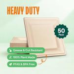 100% Compostable Square Paper Plates [50-Pack] - {PFAS-Free} - {BPI Certified} - [10 Inch] Heavy Duty, Eco-Friendly, Biodegradable Bagasse Dinner Plates - Natural Brown 10" Plate by Stack Man