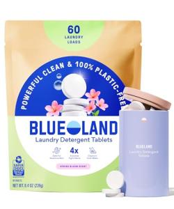 BLUELAND Laundry Detergent Tablets, Starter Set, 60 Count with Tin, Spring Bloom Scent, Plastic-Free Eco-Friendly Pods, Sheets, Liquid Alternative - Natural, Gentle, Non Toxic