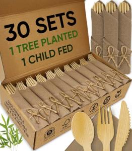 EcoPreps Premium Pre Rolled Napkin and Bamboo Cutlery Set with Brown Napkins (30 Pack, 120 PCS) 100% Biodegradable, Eco-Friendly, Disposable Wrapped Cutlery - Pre-Wrapped Bamboo Forks, Knives, Spoons