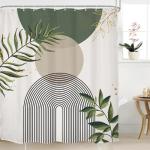 Mitpok Sage Green Boho Shower Curtain 72Wx78H Modern Abstract Green Gold Leaves Bohemian Plant Botanical Minimalist Arch Bathroom Decor Geometric Neutral Bath Curtain Fabric Polyester 12 Pack Hook