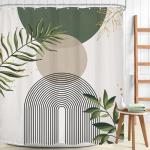 Mitpok Sage Green Boho Shower Curtain 72Wx78H Modern Abstract Green Gold Leaves Bohemian Plant Botanical Minimalist Arch Bathroom Decor Geometric Neutral Bath Curtain Fabric Polyester 12 Pack Hook