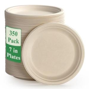 Vplus 350 Pack Paper Plates 7 inch 100% Compostable, Heavy-Duty Disposable Paper Plates Bagasse Natural Biodegradable Eco-Friendly Sugarcane