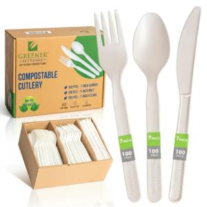 100% Compostable Forks Spoons Knives Cutlery Combo Set - 300 Large Disposable Utensils 7" Durable Heat Resistant Alternative to Plastic Silverware with Convenient Tray - Greener Settings (100 Sets)
