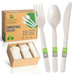 100% Compostable Forks Spoons Knives Cutlery Combo Set - 300 Large Disposable Utensils 7" Durable Heat Resistant Alternative to Plastic Silverware with Convenient Tray - Greener Settings (100 Sets)