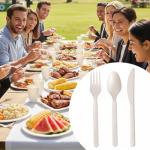 100% Compostable Forks Spoons Knives Cutlery Combo Set - 300 Large Disposable Utensils 7" Durable Heat Resistant Alternative to Plastic Silverware with Convenient Tray - Greener Settings (100 Sets)