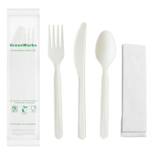 GreenWorks 7" Heavy-duty Compostable Cutlery Kits, BPI Certified, 200 Sets (Fork, Spoon,Knife,Napkin 4 in 1) Individually Wrapped With Compostable Bags，Alternative to Plastic Disposable Utensils