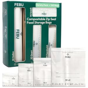 FEBU Compostable Food Storage Bags Variety Pack, 260 Count | Compostable & Biodegradable | PFAS & BPA Free, Non-Plastic | Drawer Organizer Box | 90 Snack, 90 Sandwich, 50 Quart, 30 Gallon
