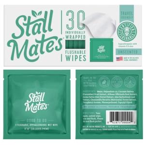 Stall Mates Wipes - Flushable Wipes, Individually Wrapped, Travel Friendly, Unscented with Vitamin-E & Aloe, (30 on-the-go singles)