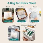 FEBU Compostable Food Storage Bags Variety Pack, 260 Count | Compostable & Biodegradable | PFAS & BPA Free, Non-Plastic | Drawer Organizer Box | 90 Snack, 90 Sandwich, 50 Quart, 30 Gallon