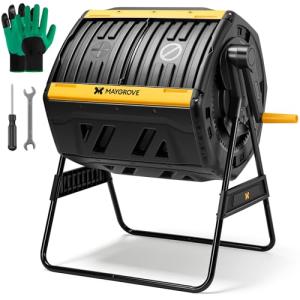 Maygrove Outdoor Compost Bin 53 Gallon, Dual Chamber Large Compost Tumbler for Garden Backyard, with 360° Rotating, Sliding Doors & Solid Steel Frame