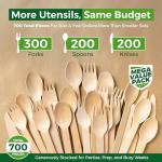 700 PCS Wooden Cutlery Set - 100% Compostable Silverware (300 Forks, 200 Spoons, 200 Knives) - Eco-Friendly Wooden Utensil Set & Disposable Party Utensils, Alternative to Bamboo Cutlery