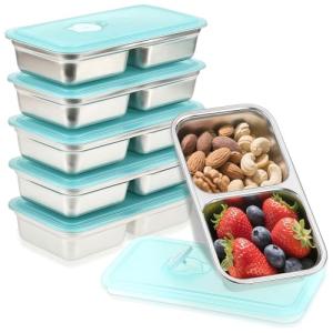 BSTUR Stainless Steel Snack Containers, 6-Pack Reusable Grab and Go Containers with Lids, Dual Compartment Bento Box for Travel, Camping & Lunch Prep