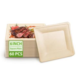 Eco-Friendly MZL Disposable Paper Plates 6 Inch 60PACK Waterproof Oilproof Heavy-Duty Microwave 100% Biodegradable Tableware Compostable Square Plates For Picnic, Camping, Party, Travel, BBQ