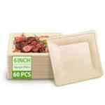 Eco-Friendly MZL Disposable Paper Plates 6 Inch 60PACK Waterproof Oilproof Heavy-Duty Microwave 100% Biodegradable Tableware Compostable Square Plates For Picnic, Camping, Party, Travel, BBQ